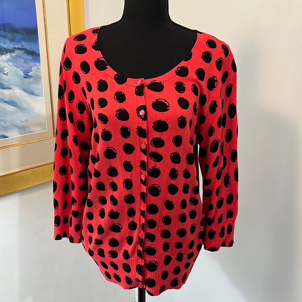 Red Sweater cardigan With black polkadots, button up, size xL, AB studio brand